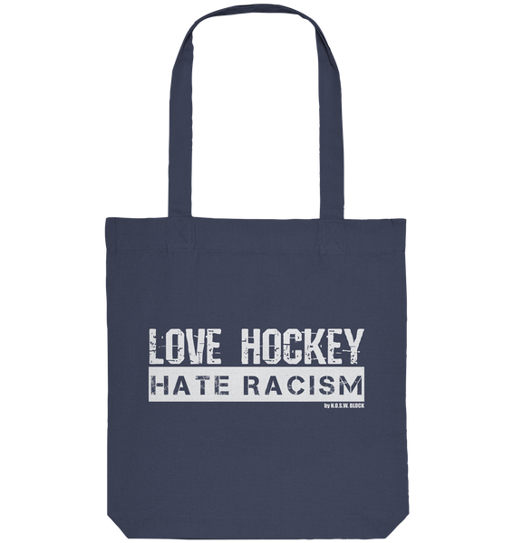 N.O.S.W. BLOCK Gegen Rechts Tote-Bag "LOVE HOCKEY HATE RACISM" Organic Baumwolltasche midnight blue