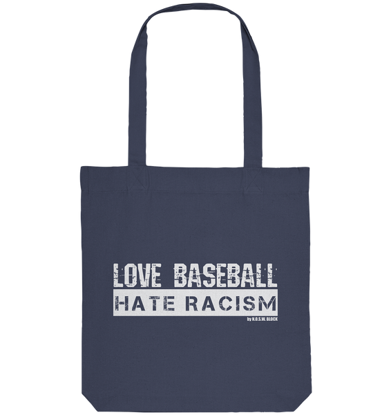 N.O.S.W. BLOCK Gegen Rechts Tote-Bag "LOVE BASEBALL HATE RACISM" Organic Baumwolltasche midnight blue