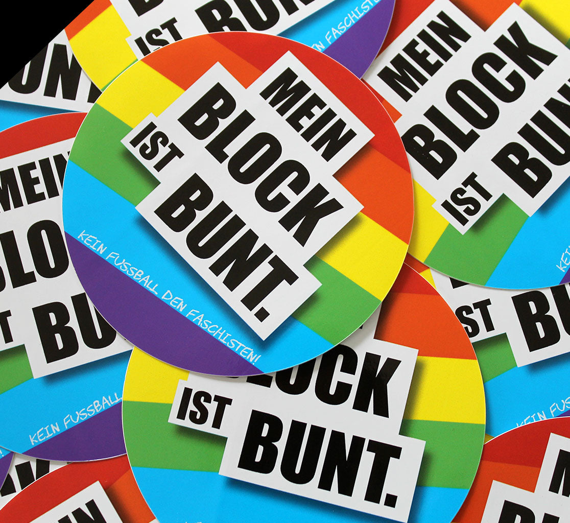 20 Fan Ultras Supporter Aufkleber "Mein Block ist bunt. Kein Fussball den Faschisten" rund 